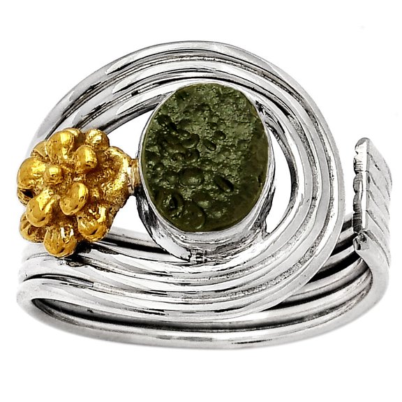 Two Tone Adjustable Flower - Tektite Rough 925 Silver Ring s.6.5 Jewelry SDR150933