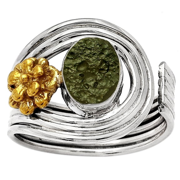 Two Tone Adjustable Flower - Tektite Rough 925 Silver Ring s.7.5 Jewelry SDR150967