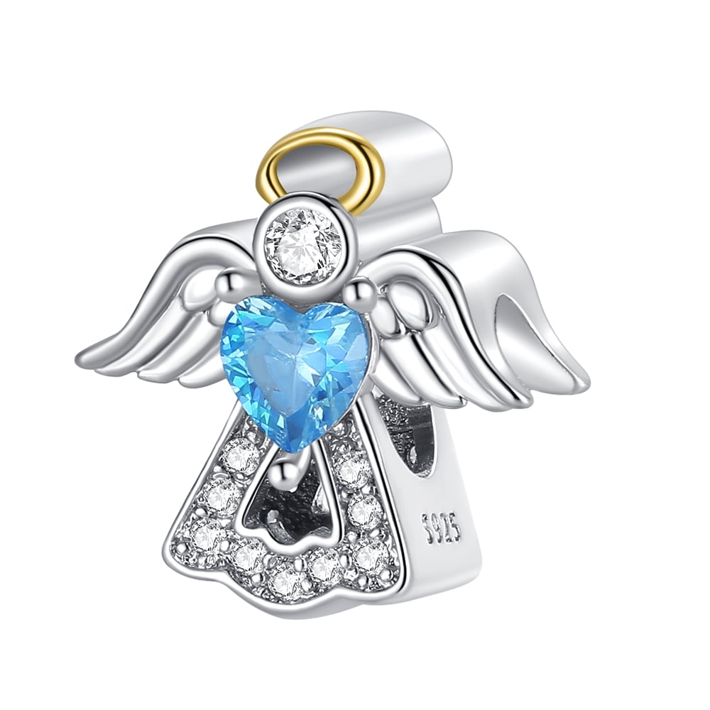 AMUEFER Two Tone Angle Heart Blue Stone S925 Love Bead Charm for Pandora Women Charm Bracelet