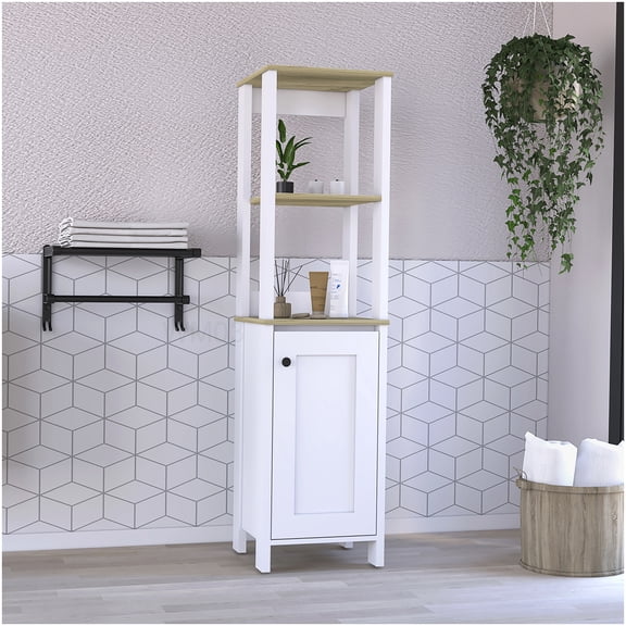 Two-Tone Bathroom Storage Cabinet with Open Shelves & Door