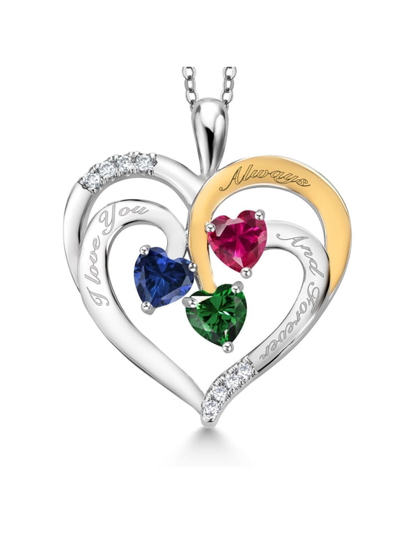 Two Tone Blue Created Sapphire Red Created Ruby Green Nano Emerald Created Moissanite `I love you always and forever` Engraved Pendant Necklace for Women (1.60 cttw, Heart Shape 5MM, 18 inch Chain)
