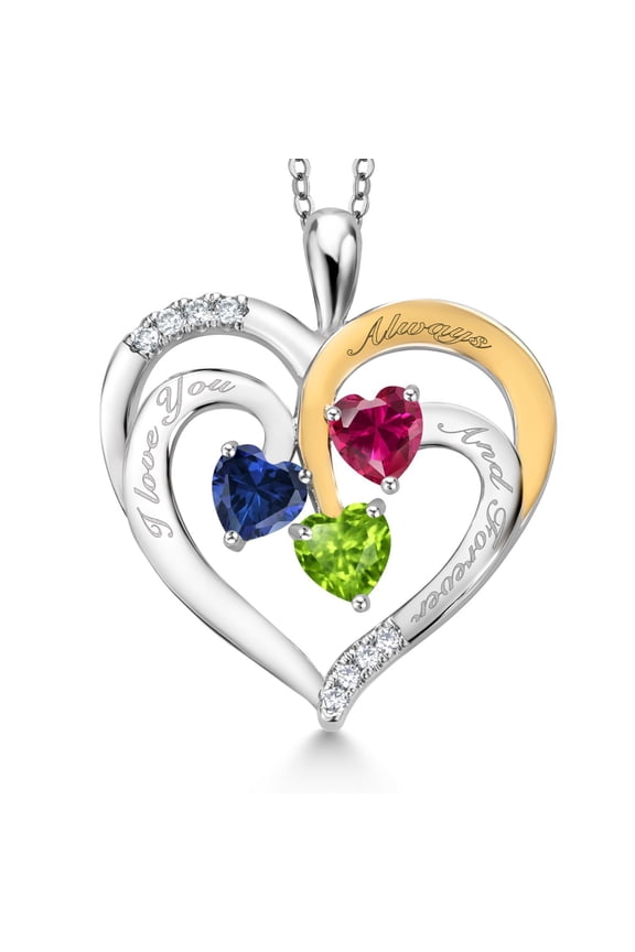 Two Tone Blue Created Sapphire Red Created Ruby Green Peridot Created Moissanite `I love you always and forever` Engraved Pendant Necklace for Women (1.60 cttw, Heart Shape 5MM, 18 inch Chain)