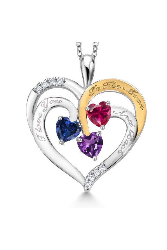 Two Tone Blue Created Sapphire Red Created Ruby Purple Amethyst Created Moissanite `I love you to the moon and back` Engraved Pendant Necklace for Women (1.52 cttw, Heart Shape 5MM, 18 inch Chain)