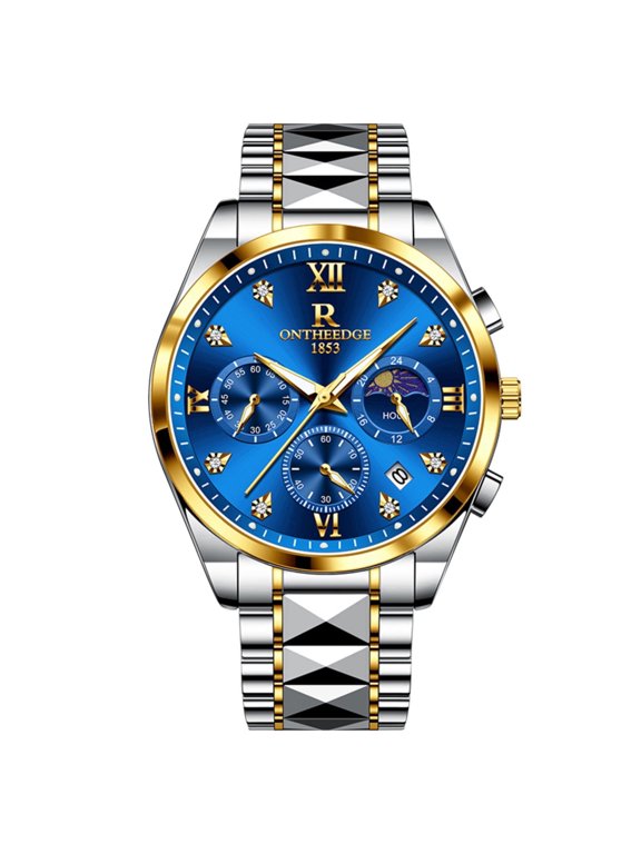 Men All Season Business Wristwatch, Chronograph Moon Phase Calendar Timepiece, Two-Tone Stainless Steel Strap Blue Rhinestone Dial