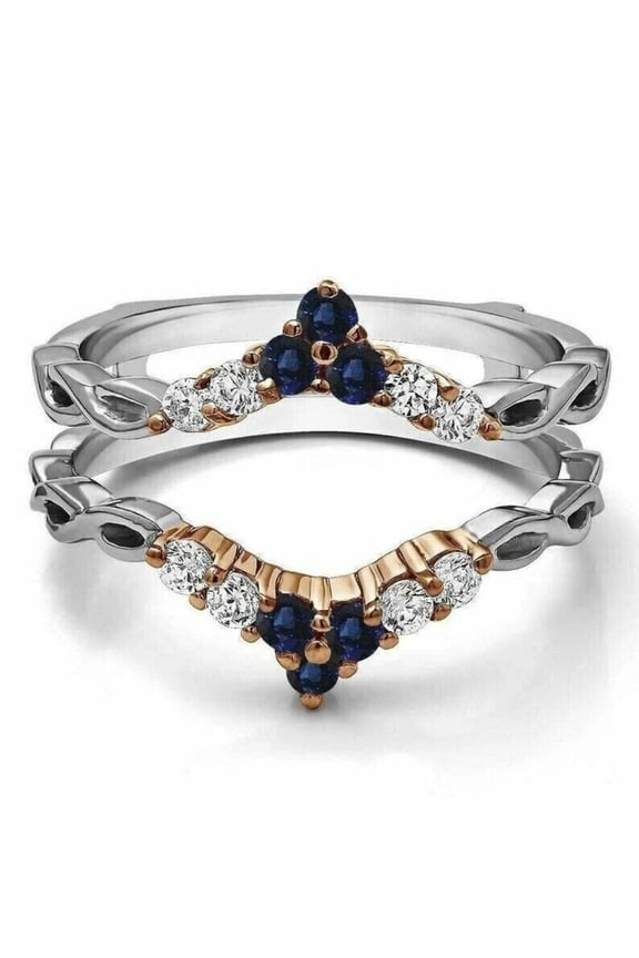 Two-Tone Blue Sapphire & Diamond Chevron Leaf Ring Guard Set – 925 Sterling Silver & Rose Gold Enhancer Bands – Nature-Inspired Wedding Ring Jacket for Women