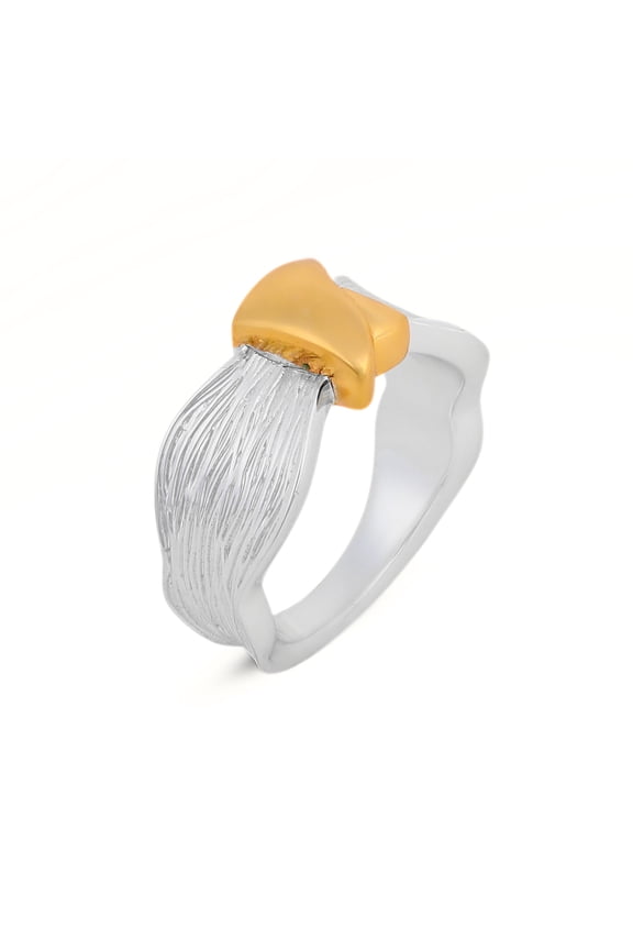 Two-Tone Brass Ring with Silver and Yellow Gold Plating, Textured Modern Statement Ring for Women