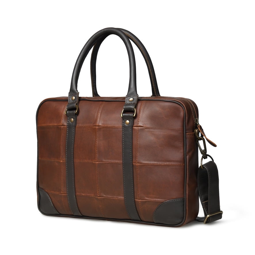 Two Tone Brown Leather Checkerboard Laptop Brief