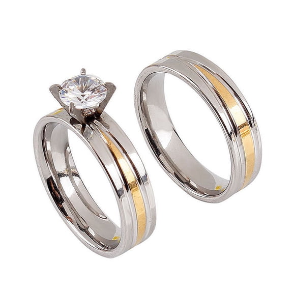 Two Tone Brushed Stainless Steel Rings, Real Gold Plated Pair, Natural Style Metal Rings for Couples