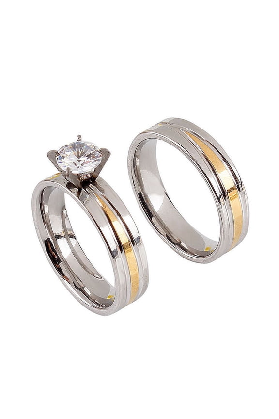 Two Tone Brushed Stainless Steel Rings, Real Gold Plated Pair, Natural Style Metal Rings for Couples