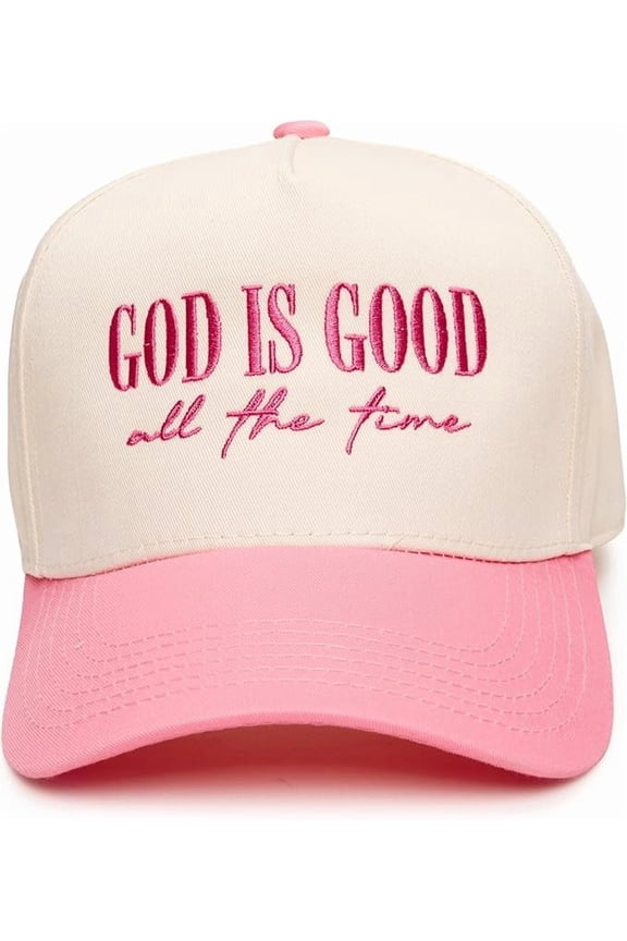 Two-Tone Canvas Snapback Baseball Cap - God is Good All The Time - Pink/Beige