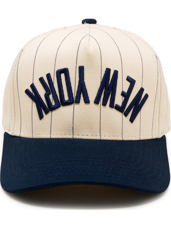 Two-Tone Canvas Snapback Baseball Cap - New York (Upside Down) - Pinstripe Navy/Beige