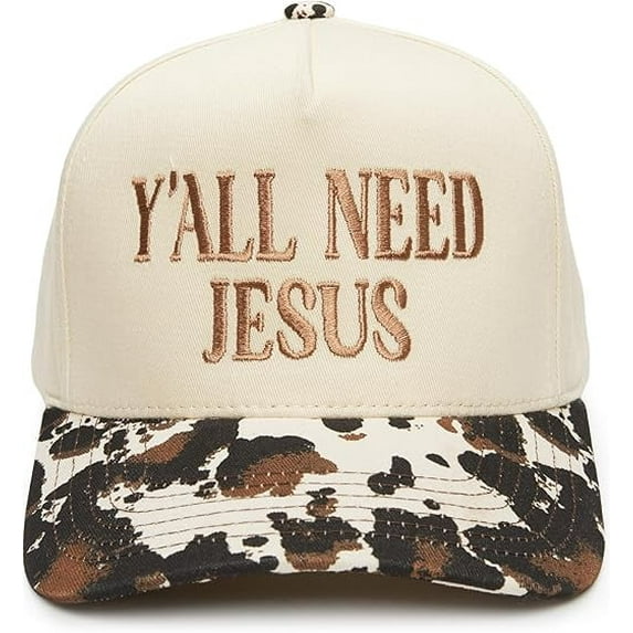 Two-Tone Canvas Snapback Baseball Cap - Y'all Need Jesus - Cow Print/Beige
