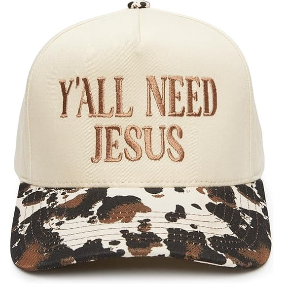 Two-Tone Canvas Snapback Baseball Cap - Y'all Need Jesus - Cow Print/Beige