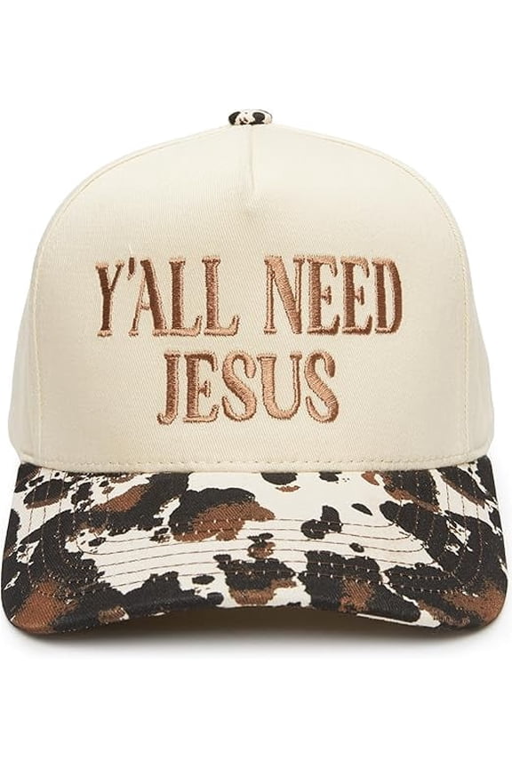 Two-Tone Canvas Snapback Baseball Cap - Y'all Need Jesus - Cow Print/Beige