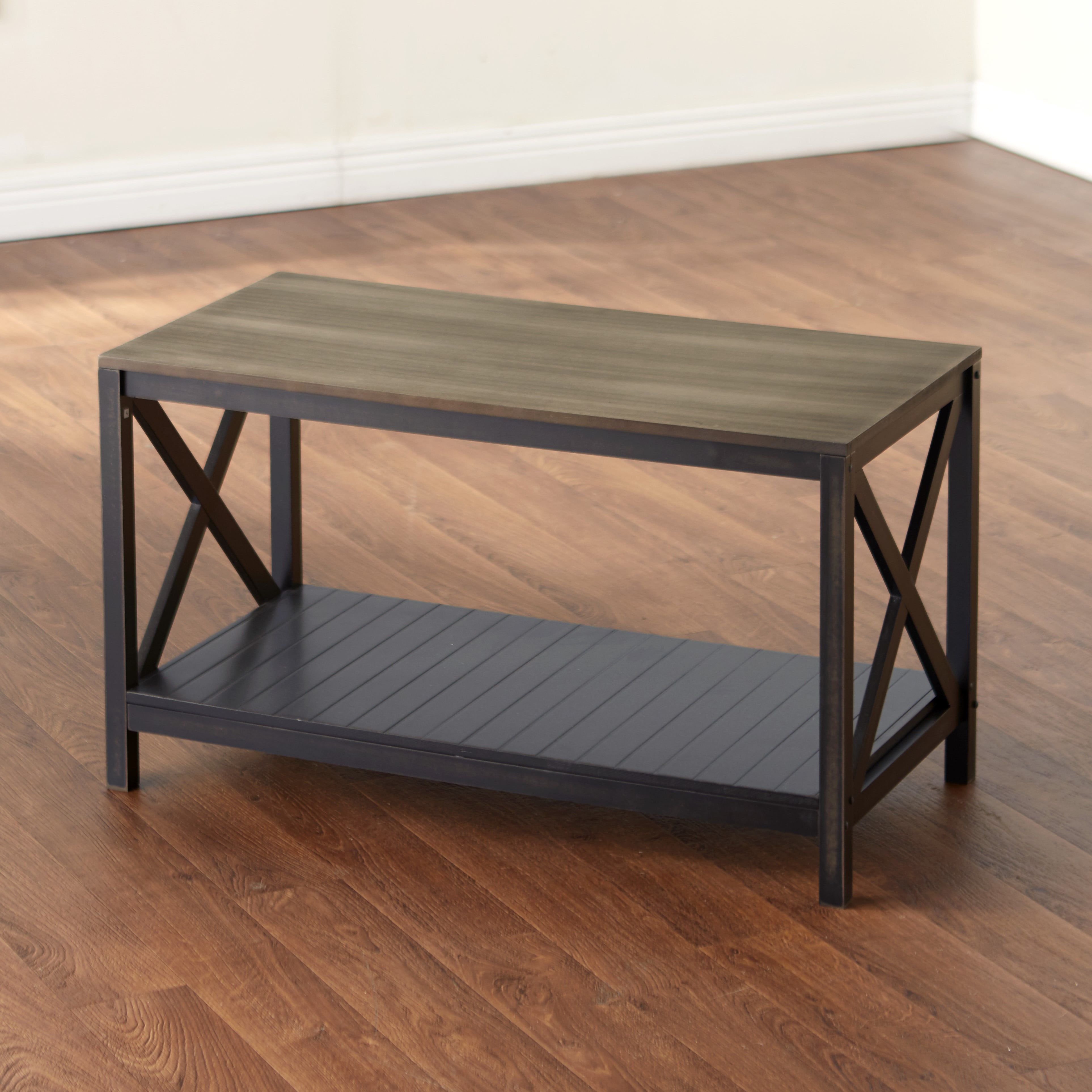 Two-Tone Black and Wood Coffee Table with Storage Shelf