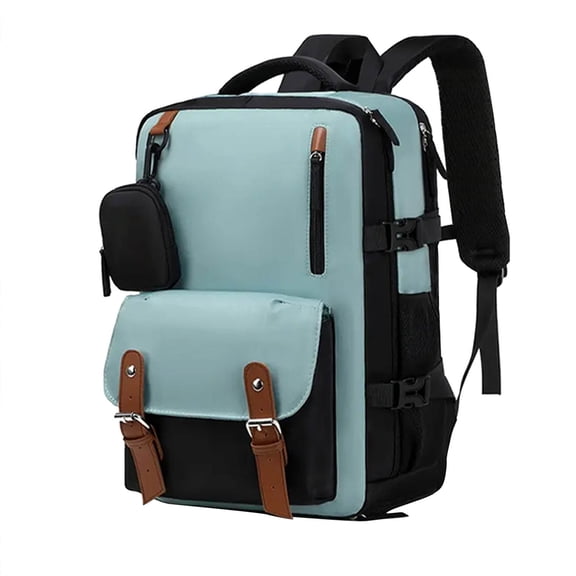 Two Tone Color Block Travel Backpack With Leather Buckle Straps Detachable Small Pouch Padded Shoulder Waterproof Teen Student Laptop School Bag