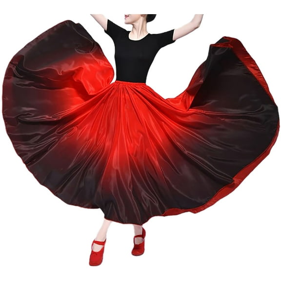 Two Tone Colors Long Circle Satin Maxi Flowy Swing Dance Cosplay Skirt Ladies Adult