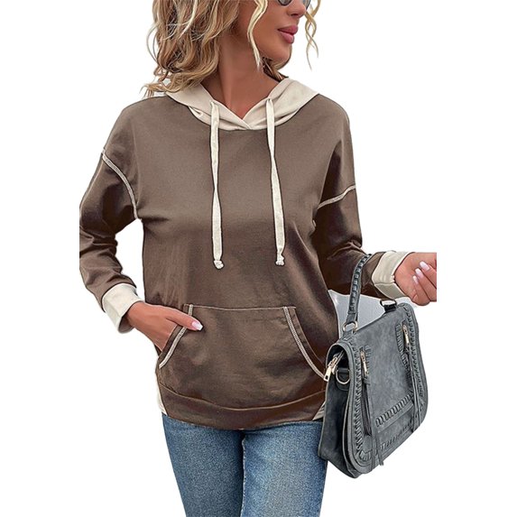 Two Tone Contrast Stitch Drop Shoulder Basic Hoodie for Women Brown X-Large