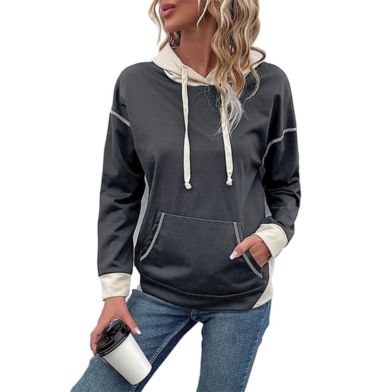 Two Tone Contrast Stitch Drop Shoulder Basic Hoodie for Women Gray Large