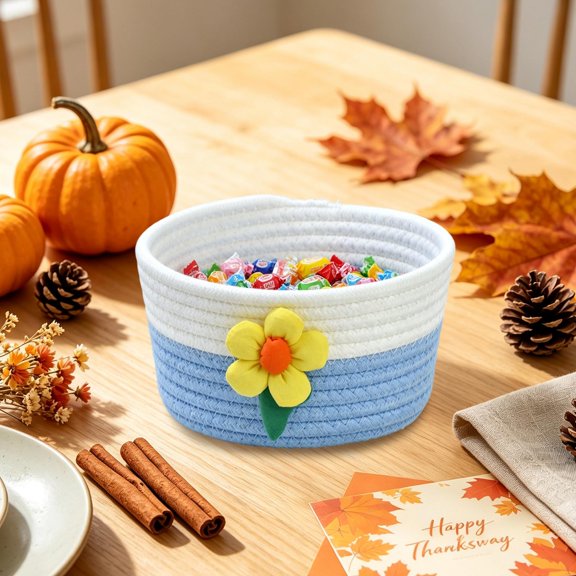 Two Tone Cotton Rope Floral Storage Bin, 7 Inch Mini Desktop Organizer Basket, Cute Small Candy Sweets Holder for Holiday Party & Home Decor