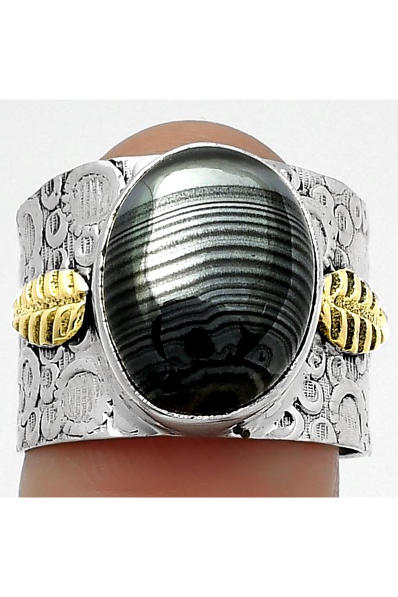 Two Tone Crown Of Silver Psilomelane Black Malachite 925 Silver Ring s.7 R-1534 SDR161409