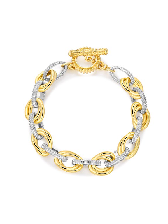 Two-Tone Cubic Zirconia Interlocking Link Bracelet, Decorative OT Toggle Clasp, Copper Gold & Silver Plated Not Easy Fade Anti-Allergy Luxury Women Jewelry Gift