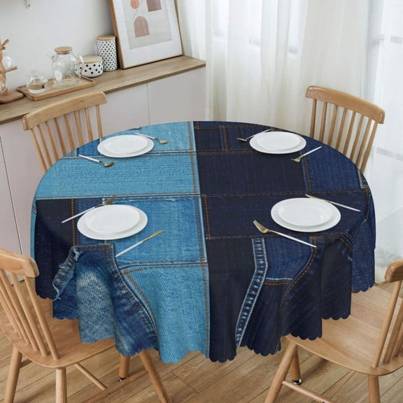 Two-Tone Denim Patchwork Circle Round Tablecloth Waterproof Oil Proof Spill Proof Table Cloth 70" for Camping, Dining, Indoor and Outdoor Table Cover