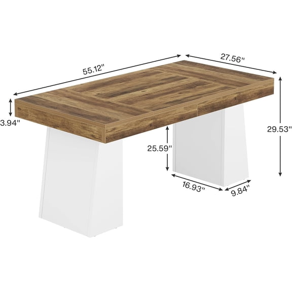 Two Tone Dining Table for 4-6 People, 55-Inch Farmhouse Rectangular Kitchen Dinner Table with Double Pedestal