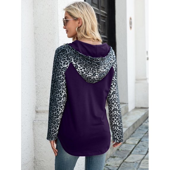 Two Tone Drawstring Kangaroo Pocket Leopard Print Hoodie for Women