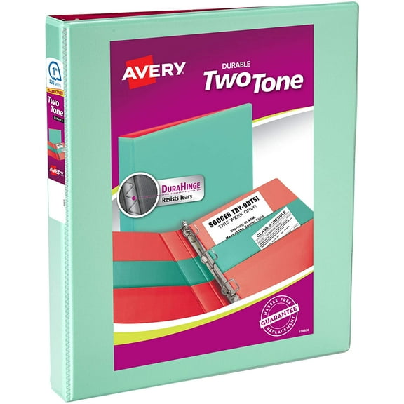 Two-Tone Durable View 3 Ring Binder, 1 Inch Slant Rings, Mint/Coral Binder (17288)