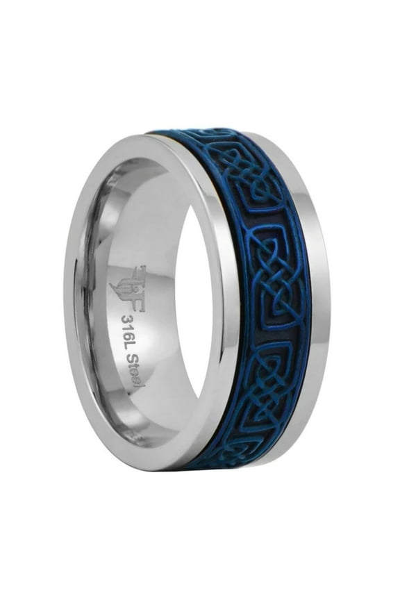 Blue Celtic Spinner Ring Mens Womens 316L Stainless Steel Wedding Band Fantasy Forge Jewelry