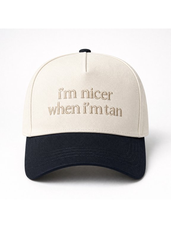 Two-Tone Embroidered Baseball Cap for Women - Summer Beach Sun Hat with Funny Quote Slogan, Beige and Black