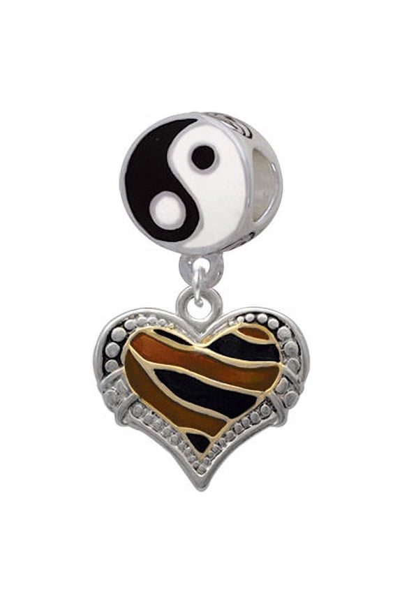 Two Tone Enamel Tiger Print Heart - Yin Yang Charm Bead