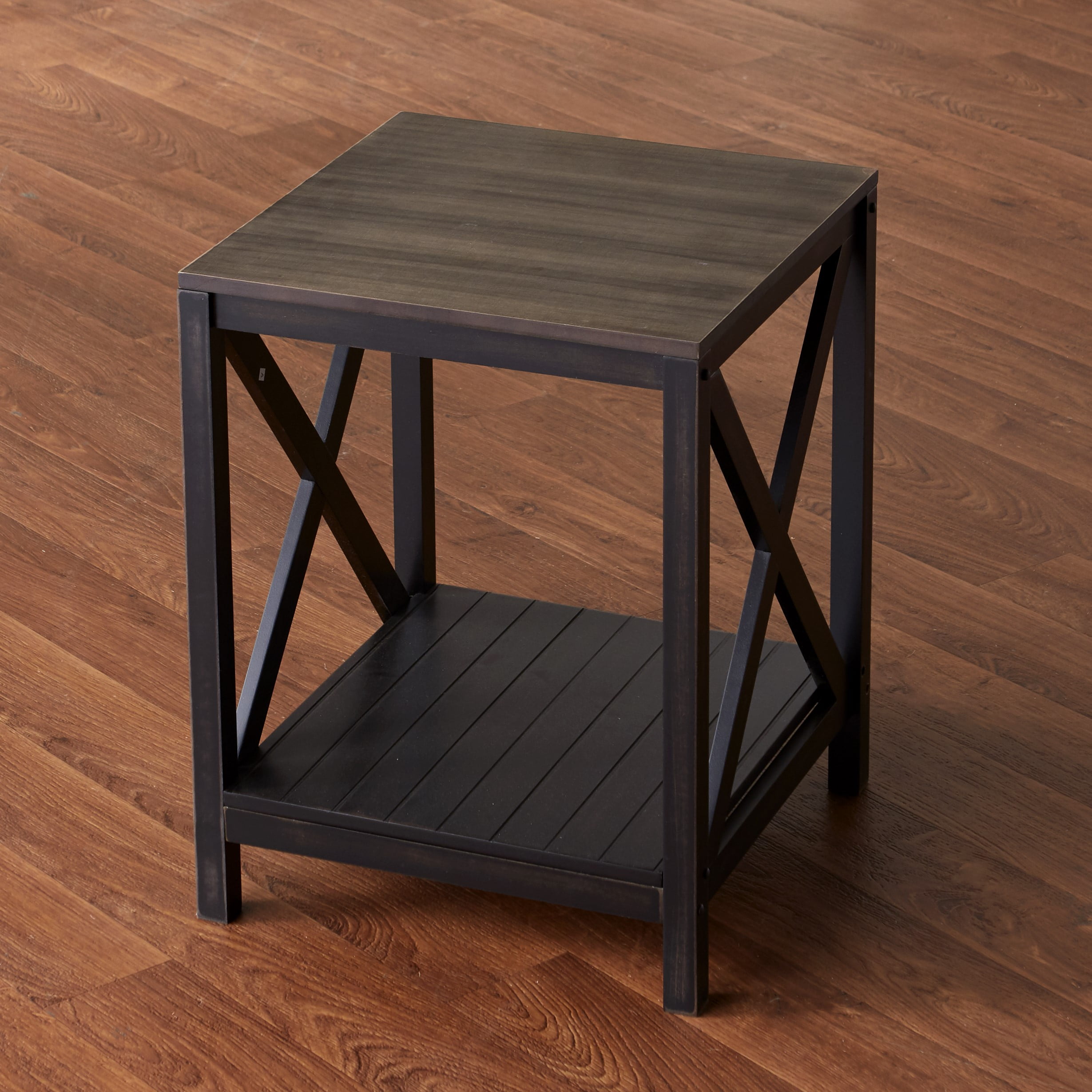 TwoTone End Table with X Design Legs and Lower Shelf for Storage