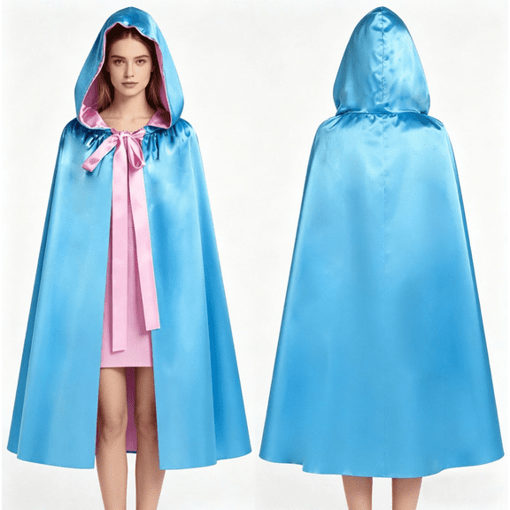 Two Tone Fairy Hooded Cloak Costume Polyester Satin Blue Pink Reversible Cape with a Pink Ribbon For Cosplay Outfit(100cm Shoulder-to-hem)