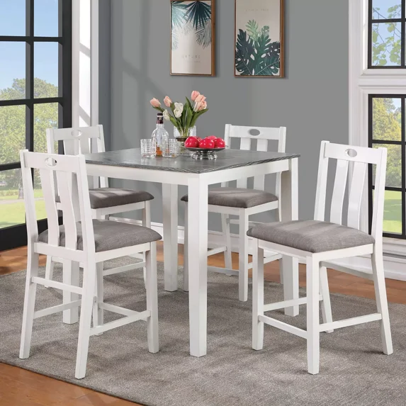 Two-Tone Finish 5pc Counter Height Dining Set White Dining Table w 4x Chairs Gray Linen-like Seats