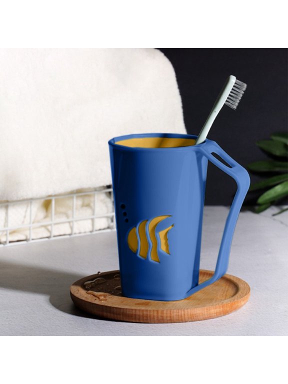 Two-Tone Fish Cutout Toothbrush Cup with Hollow Handle, Kids Portable Plastic Bathroom Wash Tumbler, Lightweight Mouthwash Cup for Home Dorm Camping Travel Toiletry Storage Dark Blue
