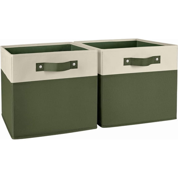 Two-Tone Folding Storage Bins - 2-pack of 10in Tall Olive Cubes | Fabric Bins, Handles, Set 2 Cubes, Playroom Closet Organizer, Collapsible Cubby with Bottom Board Insert