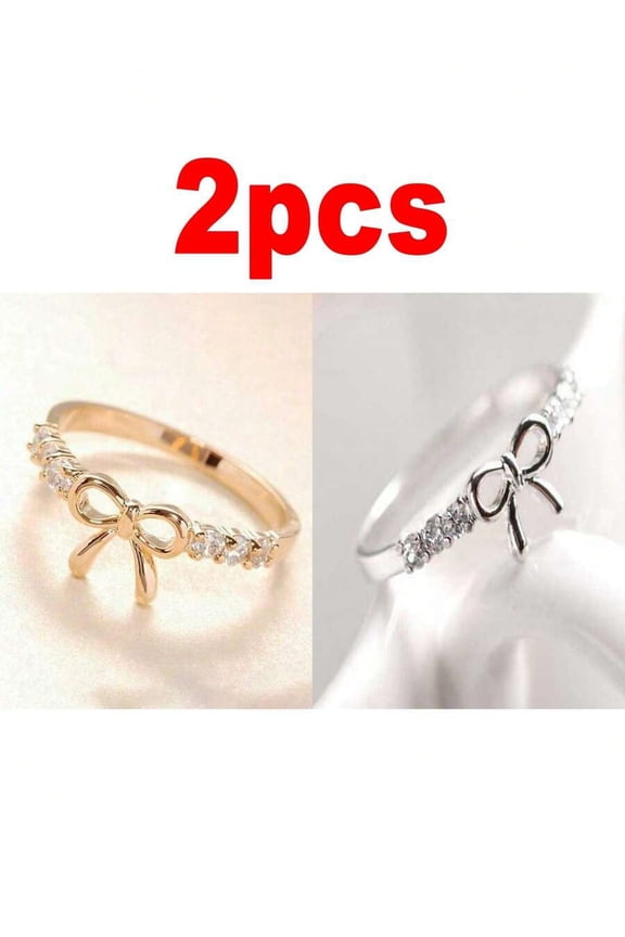 Two-Tone Gold And Silver Rhinestone Bow Knot Ring Set For Women