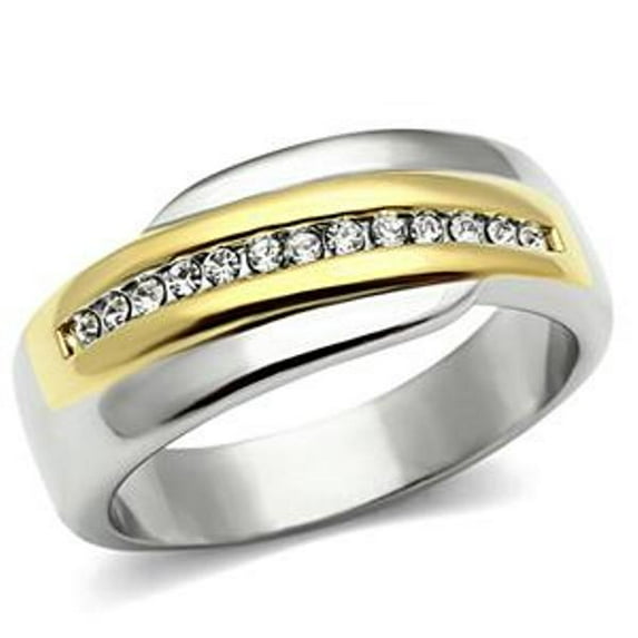 Two Tone Gold Clear CZ Womens Stainless Steel Wedding Band - Size 10