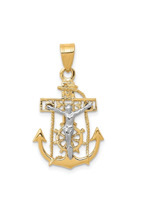Two-Tone Gold Cross Pendant Necklace for Men and Women with Nautical Anchor Design Religious Mariner Style Jewelry White Gold Crucifix with Rope Detail Spiritual Faith Accessory