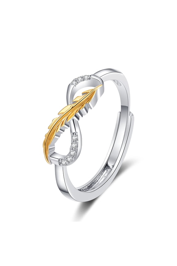 Two Tone Gold Feather Ring With Rhinestones Copper Adjustable Geometric Ring For Women European American Style