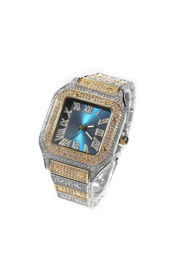 Two Tone Gold Finish Square Bezel Unisex Simulated Diamond Bling Stainless Steel Iced Out Hip Hop Roman Numeral Date Function Watch 35mm