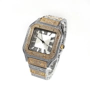 Two Tone Gold Finish Square Bezel Unisex Simulated Diamond Bling Stainless Steel Iced Out Hip Hop Roman Numeral Date Function Watch 35mm