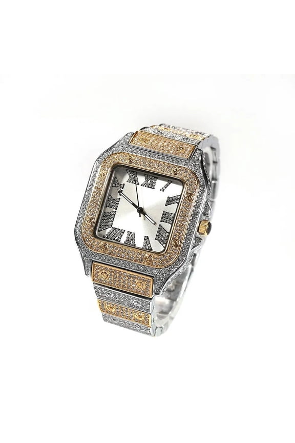 Two Tone Gold Finish Square Bezel Unisex Simulated Diamond Bling Stainless Steel Iced Out Hip Hop Roman Numeral Date Function Watch 35mm