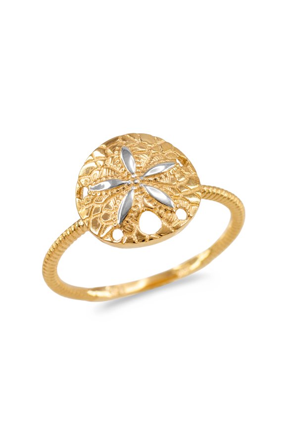 Two-Tone Gold Ocean Sand Dollar Beach Rope Band Ring (10K Yellow Gold,Size 9)