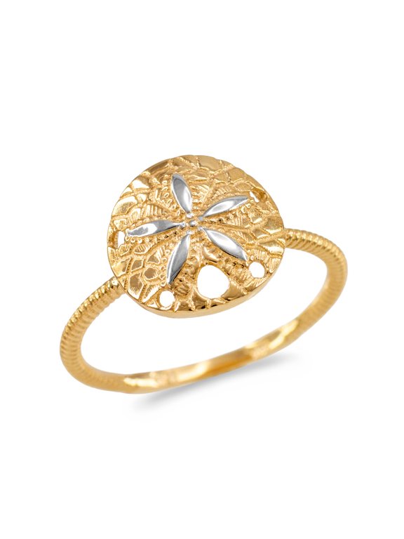 Two-Tone Gold Ocean Sand Dollar Beach Rope Band Ring (14K Yellow Gold,Size 10)