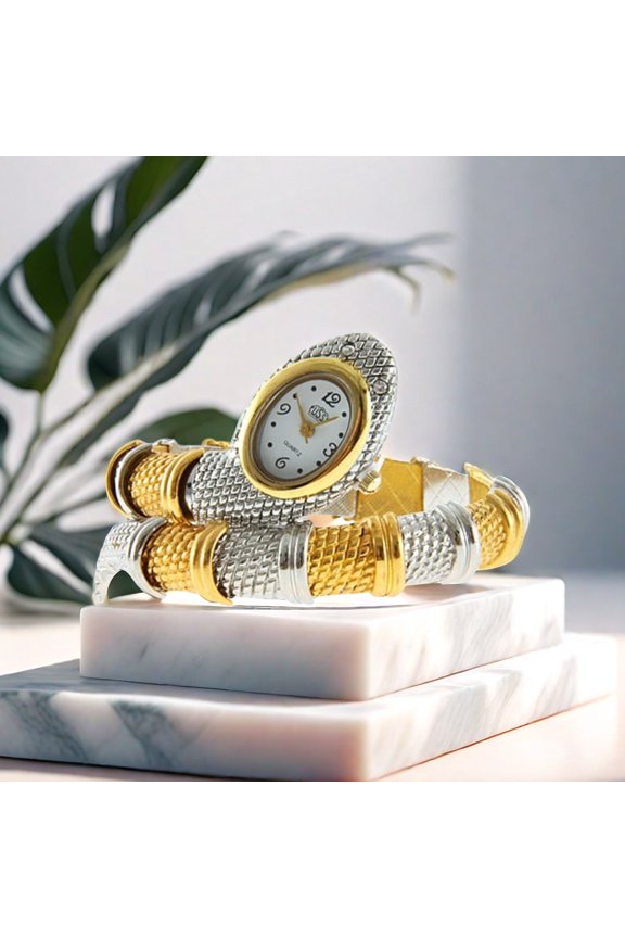 Two-Tone Gold Silver Bangle Watch with White Dial, Elegant Women’s Quartz Wristwatch