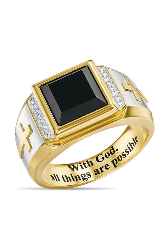 Two-Tone Gold & Silver Cross Ring with Black Onyx and Diamonds, "With God All Things Are Possible" Engraved Religious Ring for Men Size: 9
