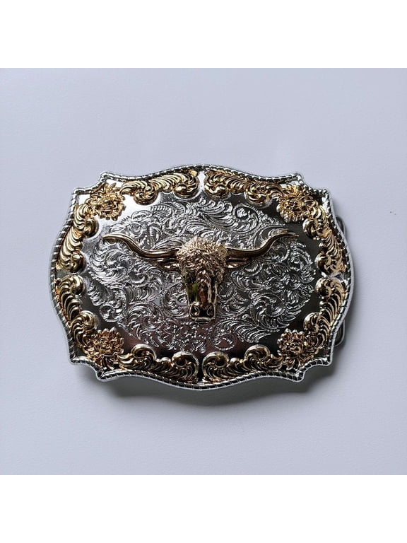 Two-Tone Gold Silver Longhorn Bull Trophy Belt Buckle, Ornate Engraved Western Rodeo Cowboy Cowgirl Buckle Hebilla